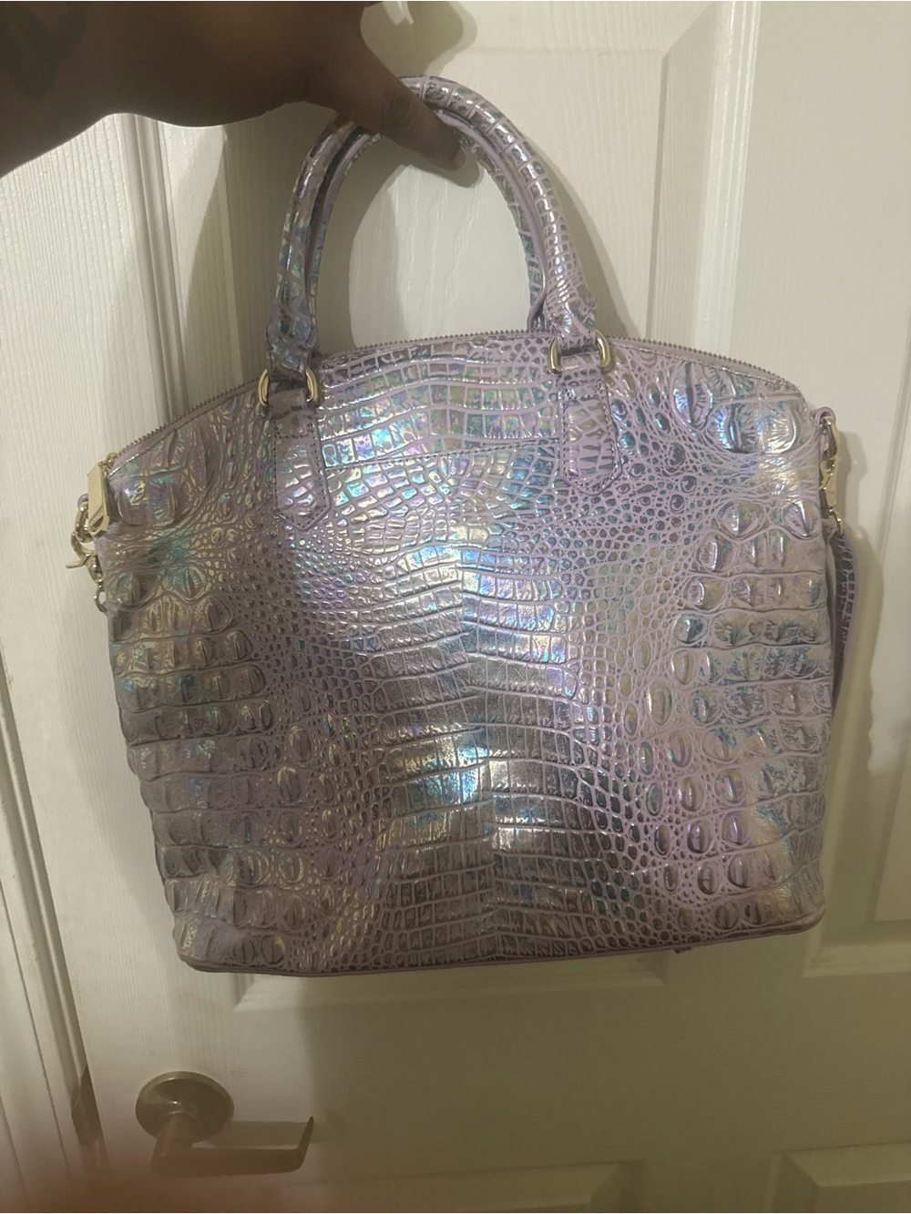 Brahmin Iridescent Lilac Croc-Embossed Satchel - Picture 2 of 2